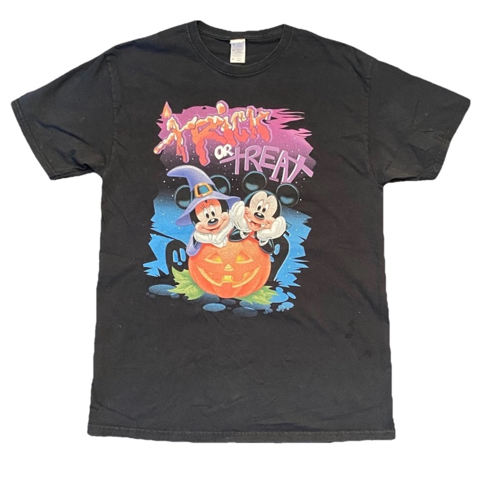 Trick-or-Treat T-Shirt Mickey & Minnie Mouse Halloween Tee Black Size Medium